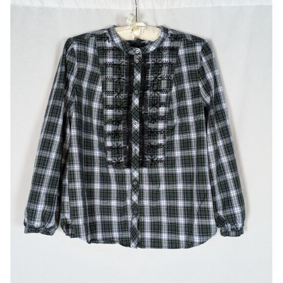J. Crew Button Down M Women's Green Tartan Plaid Beaded Lace Trim Long Sleeve - Picture 2 of 9